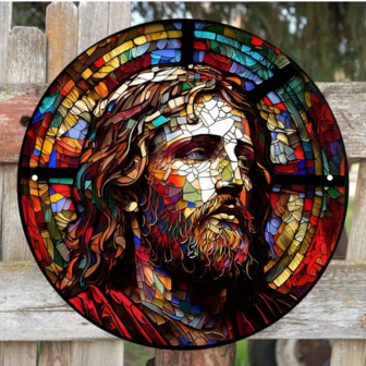 1pc Unique Jesus Wreath Logo Flat Printing, Jesus Simple Metal Tin Sign, Great Jesus Decorative Stained Glass Wall Hanging, Suitable For Home Room, Cafe, Bedroom Bar, Living Room Wall Decor Gift, Round Art Aesthetics, Christian Holiday Gift (8''x8''/20cm*20cm) - Random Hole Position On Top, Bottom, Left Or Right