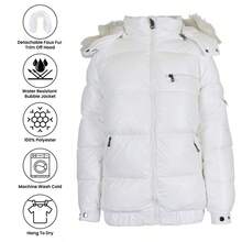 Womens Full Zip Heavyweight Bubble Jacket With Detachable Fur Hood - 白色 - 查看 4