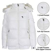 Womens Full Zip Heavyweight Bubble Jacket With Detachable Fur Hood - 白色 - 查看 3