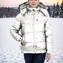 Womens Full Zip Heavyweight Bubble Jacket With Detachable Fur Hood - 白色 - 查看 1