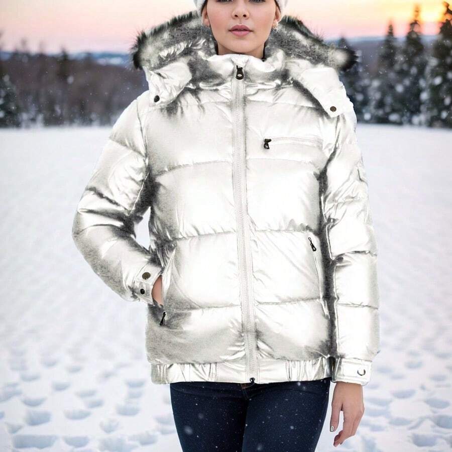 Womens Full Zip Heavyweight Bubble Jacket With Detachable Fur Hood - 白色 - 查看 1