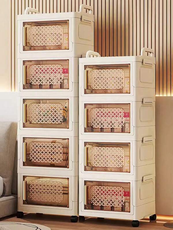 Carrito multipropósito de 2/3/4/5 niveles - Gabinete de almacenamiento plegable de puerta única - Plástico resistente, estantería de almacenamiento de cocina ahorradora de espacio, carrito para aperitivos y bebidas, estantería para libros, organizador de ropa, con ruedas suaves, adecuado para cocina, sala de estar, estudio, dormitorio, decoración exterior