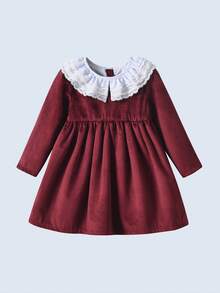 BOARNSEORL Baby Girls Velvet Dress With Contrast Color Ruffle Collar, Long Sleeve Dress, Fashionable & Elegant, Suitable For Autumn/Winter Everyday, Outing, Party, Birthday, Christmas - Burgundy - View 4