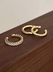 3pcs Fashionable Minimalist Non-Pierced Earrings Set With Copper & Zirconia Stone (May Have Minor Color Difference Due To Lighting)