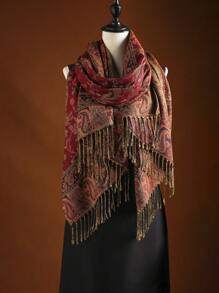 1pc Boho Tassel & Paisley Jacquard Pashmina Shawl/Scarf/Wrap Red Scarf