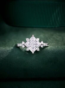 1 件 S925 纯银镀铑，镶嵌 2 克拉公主方合成莫桑石，高品质，精致，订婚戒指，适合礼物/约会/新娘/求婚/婚礼 - 銀色 - 查看 3