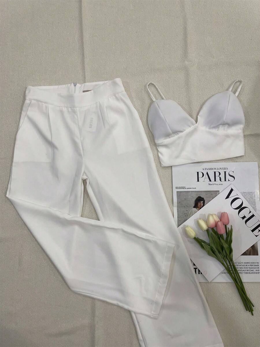 Elegant Tailored Set With Palazzo Pants And Cropped Top/DD032 - trắng - Xem 1