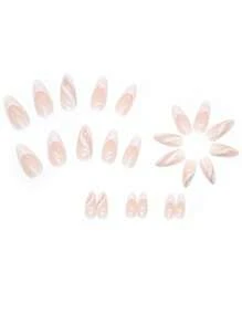 24pcs Oval Fake Nails, 1pc Nail File, 1pc Nail Tape, Manicure Supplies Set To Upgrade Your Nail Style - White - View 3