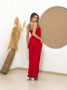 Set Of Strapless Tailored Blouse And High-Waisted Tailored Palazzo Pants - Bright Red - View 4