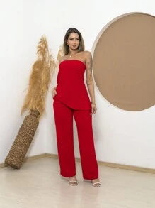 Set Of Strapless Tailored Blouse And High-Waisted Tailored Palazzo Pants - Bright Red - View 3