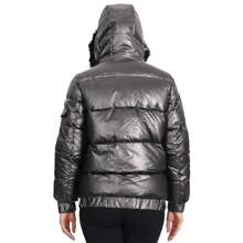 Womens Full Zip Heavyweight Bubble Jacket With Detachable Fur Hood - Dark Grey - View 5