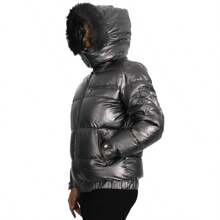 Womens Full Zip Heavyweight Bubble Jacket With Detachable Fur Hood - Dark Grey - View 4
