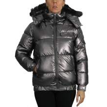 Womens Full Zip Heavyweight Bubble Jacket With Detachable Fur Hood - Dark Grey - View 3