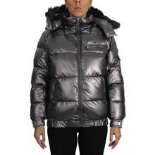Womens Full Zip Heavyweight Bubble Jacket With Detachable Fur Hood - Dark Grey - View 2