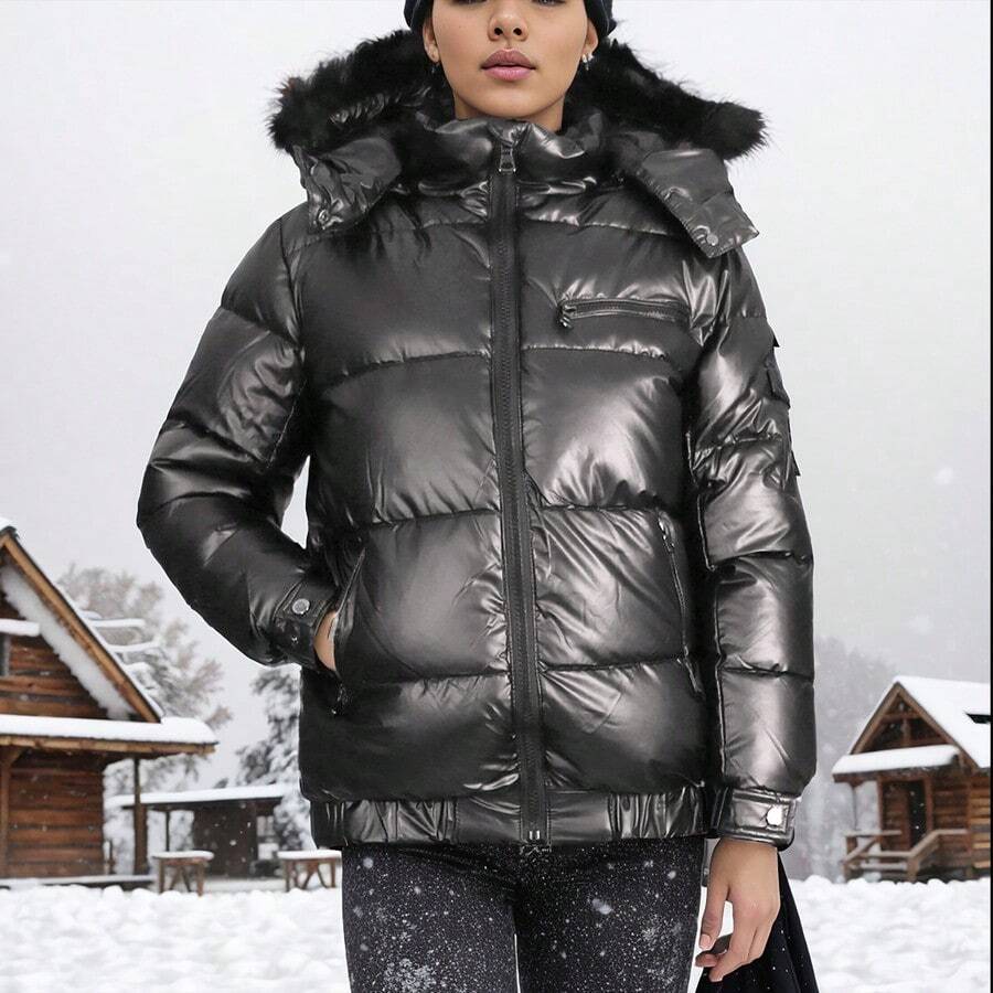 Womens Full Zip Heavyweight Bubble Jacket With Detachable Fur Hood - Dark Grey - View 1