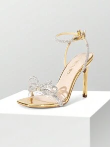 Women Bowknots Crystal Heeled Sandals Fashion Square Toe Rhinestone Decor Ankle Strap Heels For Sweet-Meets-Sassy Styles, For Autumn Party Wedding Prom - 金獎 - 查看 1
