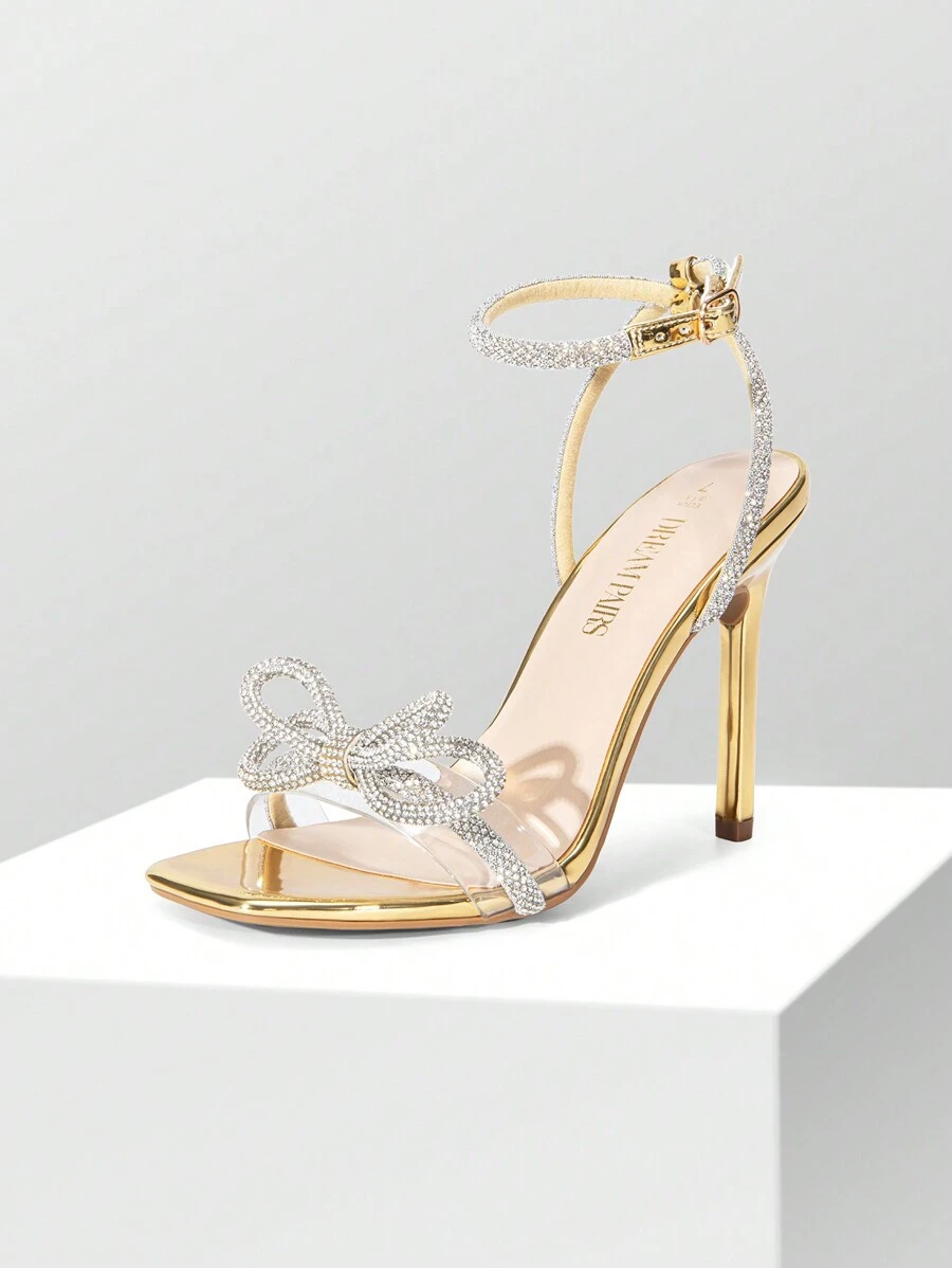Women Bowknots Crystal Heeled Sandals Fashion Square Toe Rhinestone Decor Ankle Strap Heels For Sweet-Meets-Sassy Styles, For Autumn Party Wedding Prom - 金獎 - 查看 1