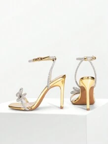 Women Bowknots Crystal Heeled Sandals Fashion Square Toe Rhinestone Decor Ankle Strap Heels For Sweet-Meets-Sassy Styles, For Autumn Party Wedding Prom - 金獎 - 查看 6