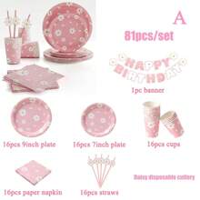 81 件雏菊主题一次性餐具套装，粉色雏菊餐巾，生日派对装饰，新娘送礼会和婚礼餐饮用品，圣诞节 - 粉色 - 查看 7