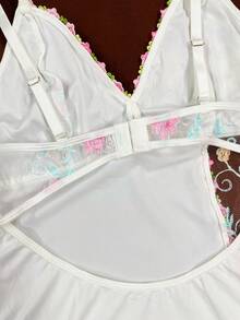 性感内衣套装：透明网眼刺绣牛奶丝拼布吊带连衣裙 - 白色 - 查看 10