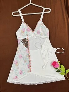 性感内衣套装：透明网眼刺绣牛奶丝拼布吊带连衣裙 - 白色 - 查看 6