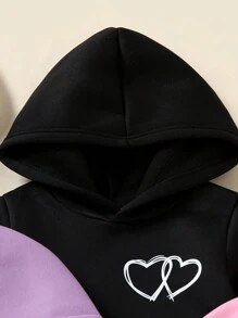 Set de 3 piezas de sudadera con capucha con estampado de corazón para niña, conjunto de ropa casual y deportiva cómoda y abrigada para exteriores