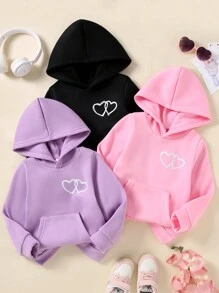 Set de 3 piezas de sudadera con capucha con estampado de corazón para niña, conjunto de ropa casual y deportiva cómoda y abrigada para exteriores