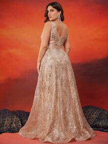 Elegant Plus Size Women's High-Quality Sequin Embroidery Splice Ribbon V-Neck A-Line Formal Party Cocktail Evening Dress (Exquisite Design) Wedding Guest Dress,Gown - 香檳色 - 查看 4