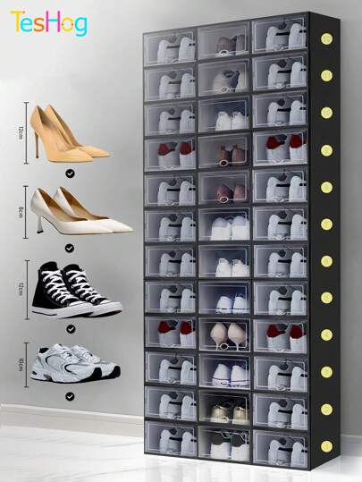 TesoroHogar 14 cajas de zapatos con tapas translúcidas negras, cajas apilables para guardar zapatos en casa, cajas de zapatos multifuncionales y prácticas para guardar zapatillas,decoraciones de Halloween, disfraces de Halloween, decoración de otoño, decoración de festivales