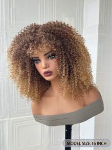 10-16英寸渐变金色卷发假发，蓬松合成假发，适合春季，短刘海假发，耐热纤维刘海假发，高密度时尚角色扮演假发 - 漸變金色 - 查看 4