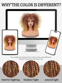 10-16英寸渐变金色卷发假发，蓬松合成假发，适合春季，短刘海假发，耐热纤维刘海假发，高密度时尚角色扮演假发 - 漸變金色 - 查看 10