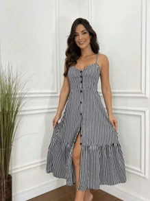 Long Crepe Dress With Padded Bra And Buttons - 彩色 - 查看 2