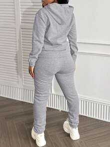 LovelyWholesale Bộ áo và quần dài tay có mũ, túi, kiểu dáng đơn giản, thường ngày dành cho nữ, thích hợp mặc mùa xuân. - Xám - Xem 9