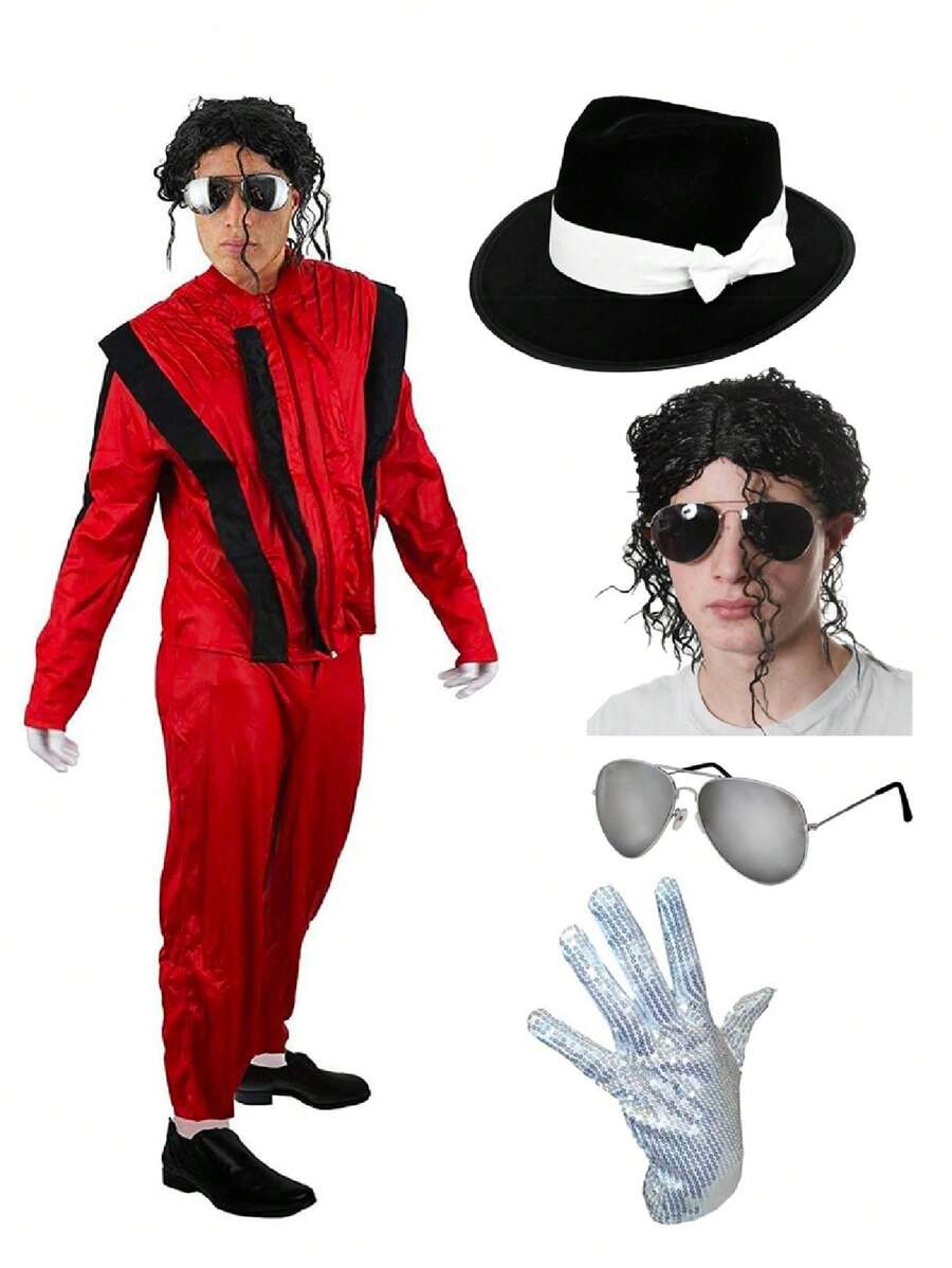I LOVE FANCY DRESS Mens King Of Pop Costume Adult Halloween Outfit Red Long Sleeve Jacket And Trousers Fancy Dress Suit Jacko Music Pop Rock Star Icon Outfit Jackson Inspired Add Accessories Thriller - 6 cái - Xem 1