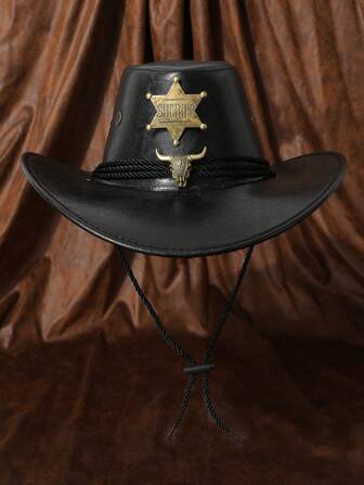 1 件装男女通用西部牛仔帽，带徽章和长角装饰，复古 PU 皮革宽边防晒帽，带可调节带子，男女皆宜