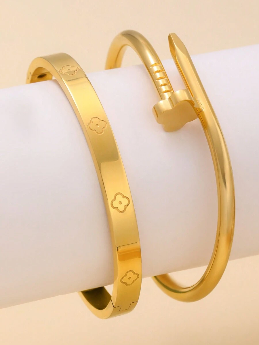 2pcs Luxury Stainless Steel Four-Leaf Clover Bangle & Bracelet Set, Versatile Jewelry Gift For Women Valentines,Mom,Mother,Mother's Day,Gift - Yellow Gold - View 1