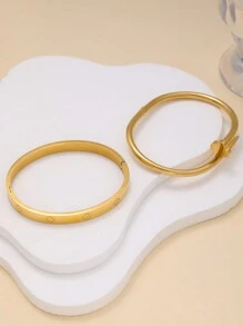 2pcs Luxury Stainless Steel Four-Leaf Clover Bangle & Bracelet Set, Versatile Jewelry Gift For Women Valentines,Mom,Mother,Mother's Day,Gift - Yellow Gold - View 6