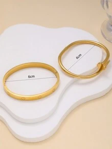 2pcs Luxury Stainless Steel Four-Leaf Clover Bangle & Bracelet Set, Versatile Jewelry Gift For Women Valentines,Mom,Mother,Mother's Day,Gift - Yellow Gold - View 7