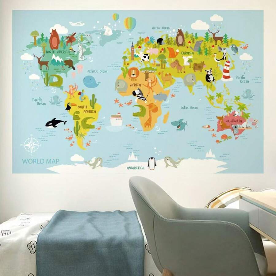 WholeNight 2pcs/Set World Map Wall Decals, 90x30cm, Includes Animal