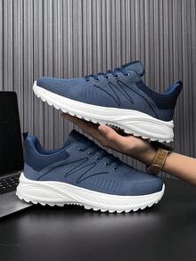 男士时尚透气针织条纹前系带运动鞋，户外日常厚底防滑减震跑步鞋 - 藍色 - 查看 4