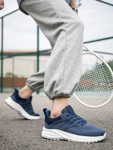 男士时尚透气针织条纹前系带运动鞋，户外日常厚底防滑减震跑步鞋 - 藍色 - 查看 8