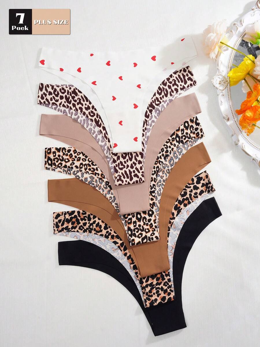 7 件装 女式隐形无缝低腰性感豹纹爱心印花运动加大码比基尼三角裤 - 彩色 - 查看 1