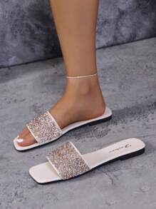 女士一脚蹬优雅、舒适、休闲的水晶装饰平底拖鞋 - 米色 - 查看 2
