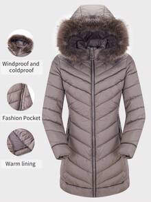Giolshon Women's Puffer Jacket With Fluffy Hooded Collar, Down Coat For Autumn/Winter - Camel - View 1