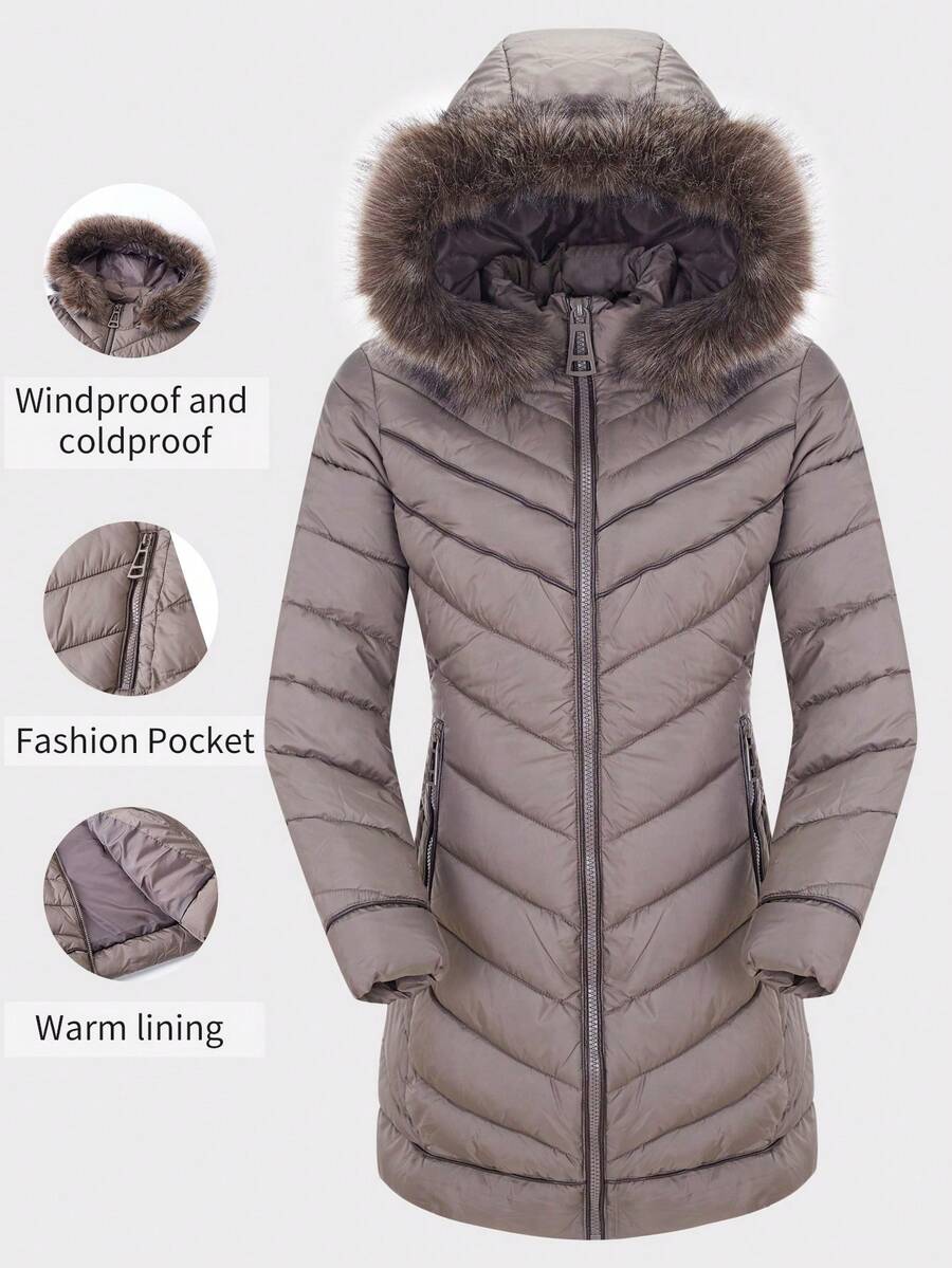 Giolshon Women's Puffer Jacket With Fluffy Hooded Collar, Down Coat For Autumn/Winter - Camel - View 1