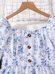 Tween Girls Ditsy Floral Bow Decor Square Collar Long Sleeve Dress, Geschikt voor Feesten en Vakanties, Lente Herfst