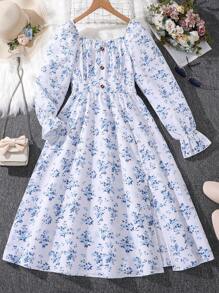 Tween Girls Ditsy Floral Bow Decor Square Collar Long Sleeve Dress, Geschikt voor Feesten en Vakanties, Lente Herfst