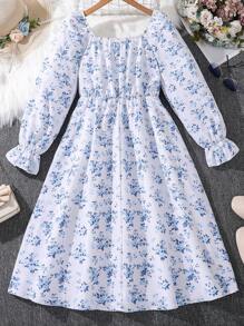Tween Girls Ditsy Floral Bow Decor Square Collar Long Sleeve Dress, Geschikt voor Feesten en Vakanties, Lente Herfst