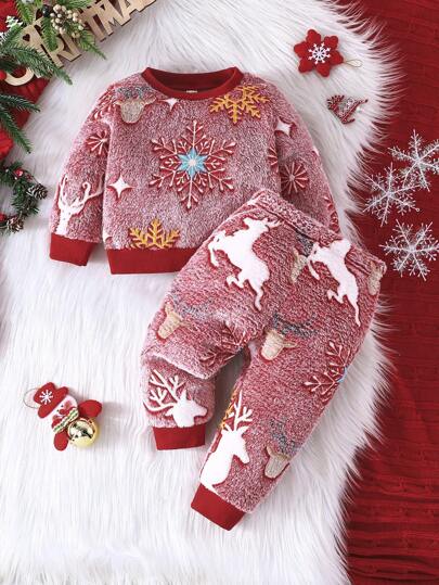2pcs Christmas Holiday Snowflake & Deer Fleece Casual Comfortable Outfits For Baby Girls, Autumn/Winter
