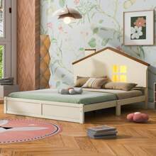 MISSUNNY Full Size Wood Platform Bed With House-Shaped Headboard And Built-In LED, Walnut+Milk White